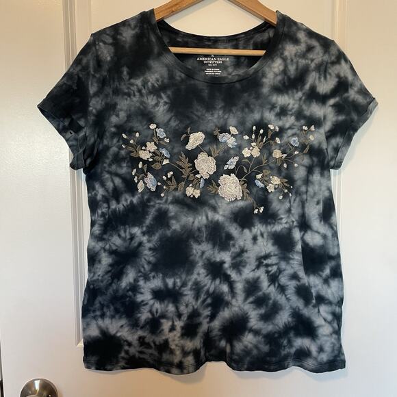 American Eagle Women's Med Short Sleeve Tie Dye Embroidered Cottage Boho Shirt - Picture 2 of 12